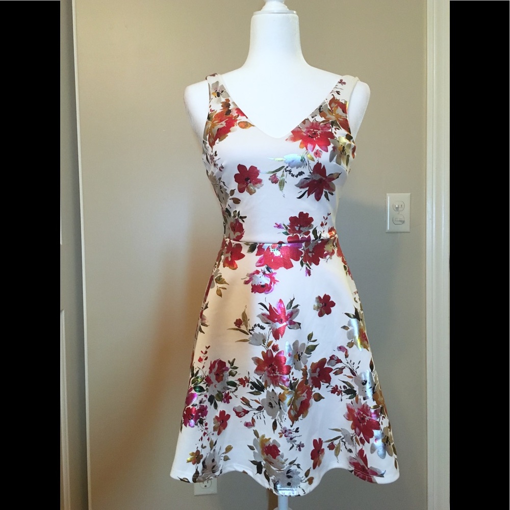 AQUA Floral Foil Fit and Flare Dress